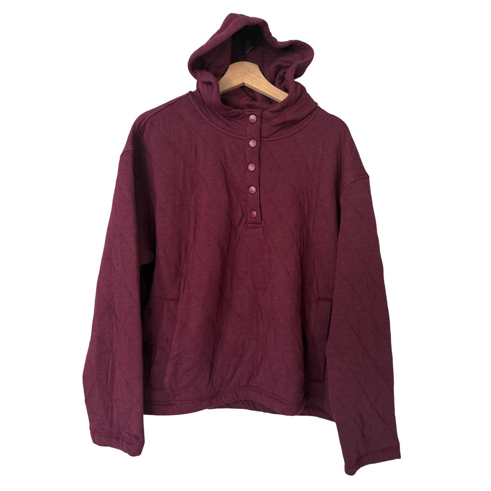 Lands End Womens Midnight Relaxed Fit Quilted Pullover Hoodie Burgundy XL New